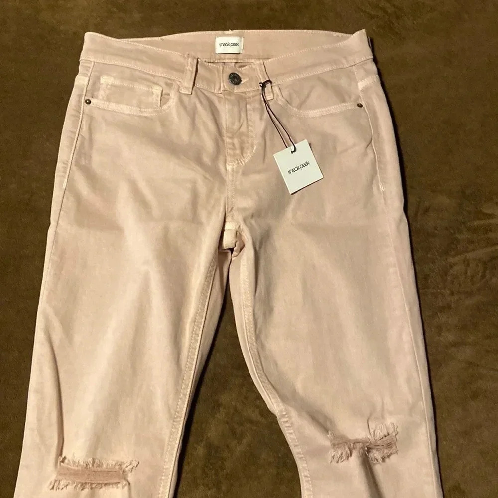 NWT Sneak Peak pink skinny jeans, size 7 distressed knees